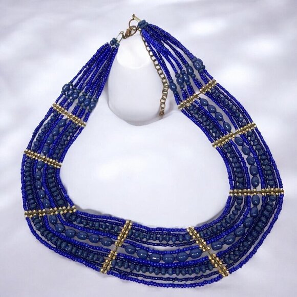 Cobalt Blue & Gold Bib Style Multi Strand Princess Necklace Boho Tribal 18"L - Picture 5 of 5